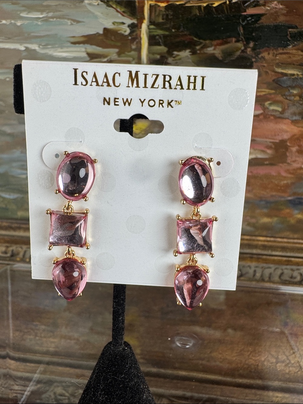 0598-Isaac‎ Mizrahi Gold-Tone Pink Triple Drop Crystal Earrings